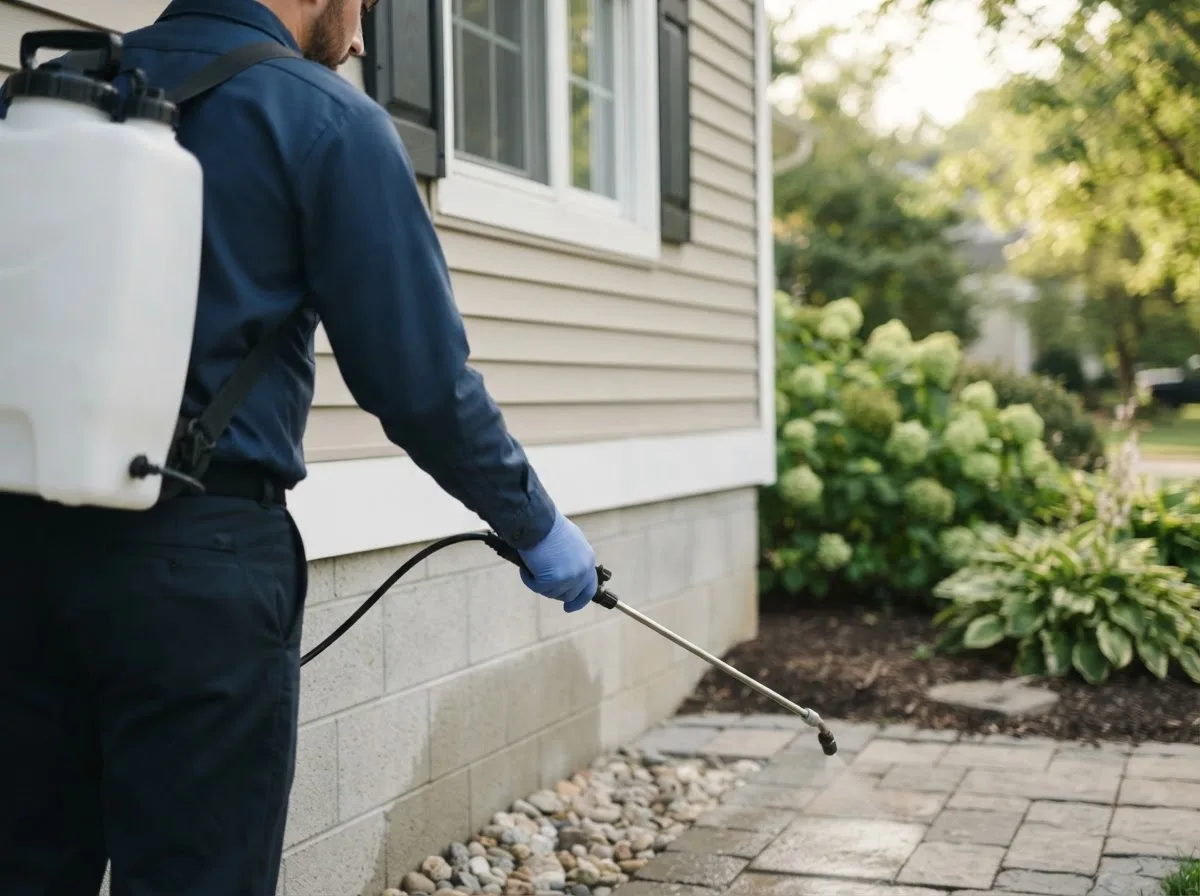 Pest control technician inspecting a home in Halsey, NE